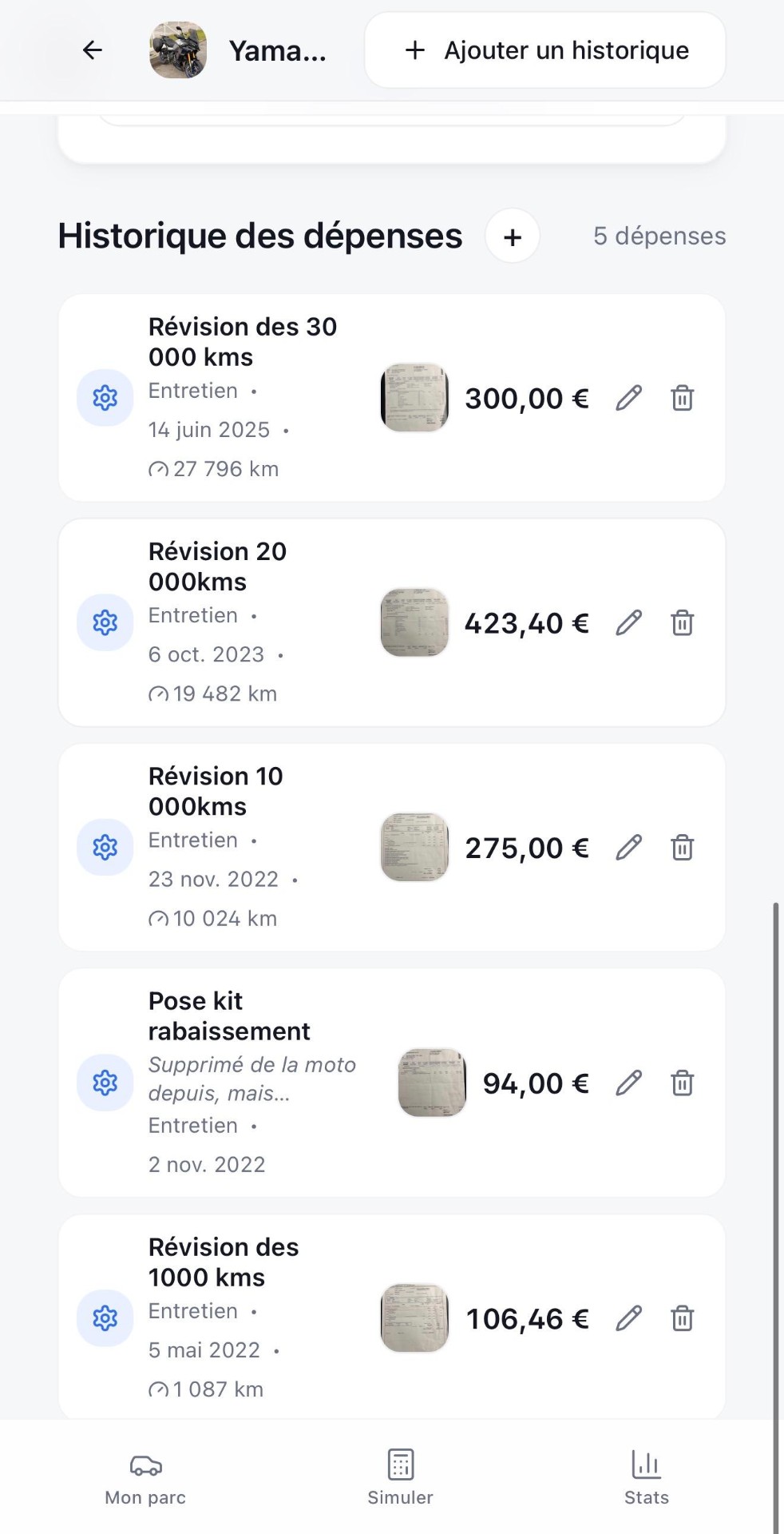 Historique des dépenses